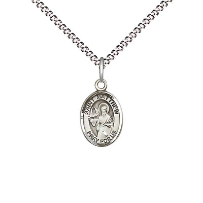 St. Matthew the Apostle Pewter Oval Children Medal with rhodium-plated Light Curb Chain, Measures 1/2-inch tall by 1/4-inch wide, Bliss Manufacturing