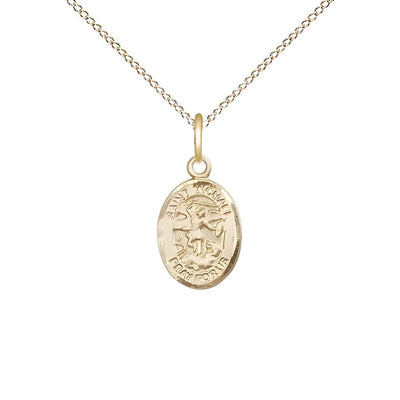 St. Michael the Archangel 14kt Gold-filled Oval Small Children Medal with Gold-filled Chain, Measures 1/2-inch tall by 1/4-inch wide. Deluxe Gift Box, Bliss Manufacturing