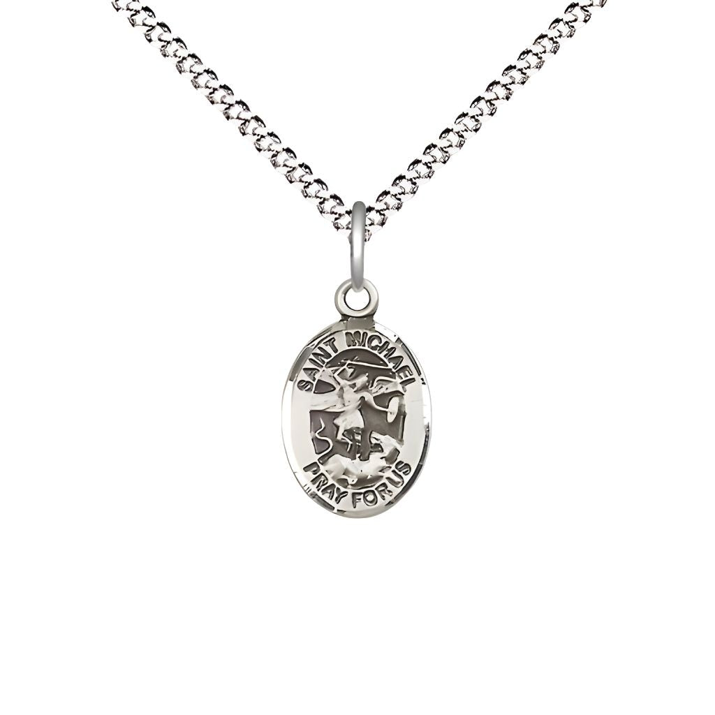 Bliss St. Michael the Archangel Engravable Small Children Pewter Medal with Rhodium-plated Chain, Measures 1/2-inch tall by 1/4-inch wide. Deluxe Gift Box.