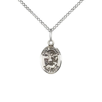 St. Michael the Archangel Engravable Small Children Sterling Silver Medal with Sterling Chain, Measures 1/2-inch tall by 1/4-inch wide. Deluxe Gift Box, Bliss Manufacturing