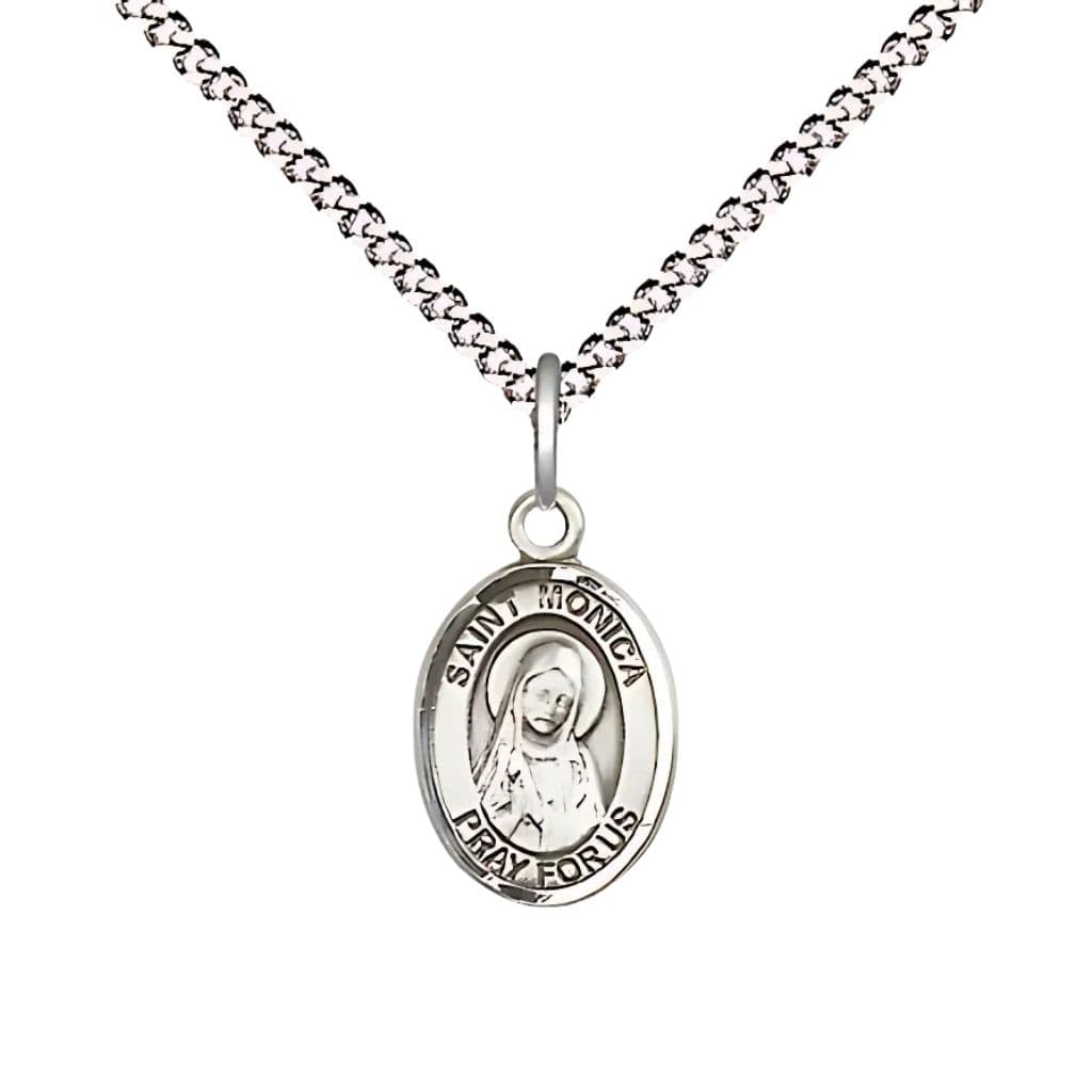 Bliss St. Monica Pewter Oval Children Medal with Plated Chain, Measures 1/2-inch tall by 1/4-inch wide