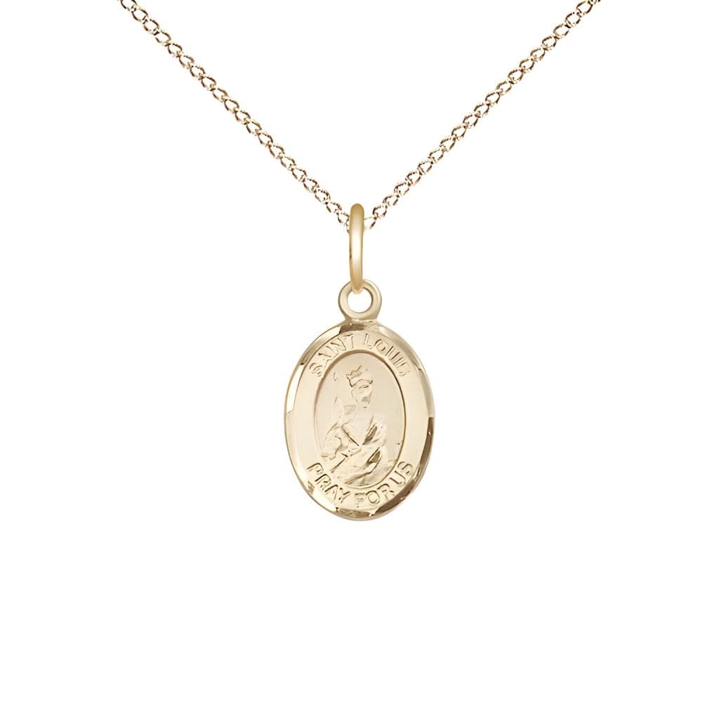 Bliss St. Louis IX of France 14kt Gold-filled Oval Small Children Medal with Gold-filled Chain, Measures 1/2-inch tall by 1/4-inch wide.