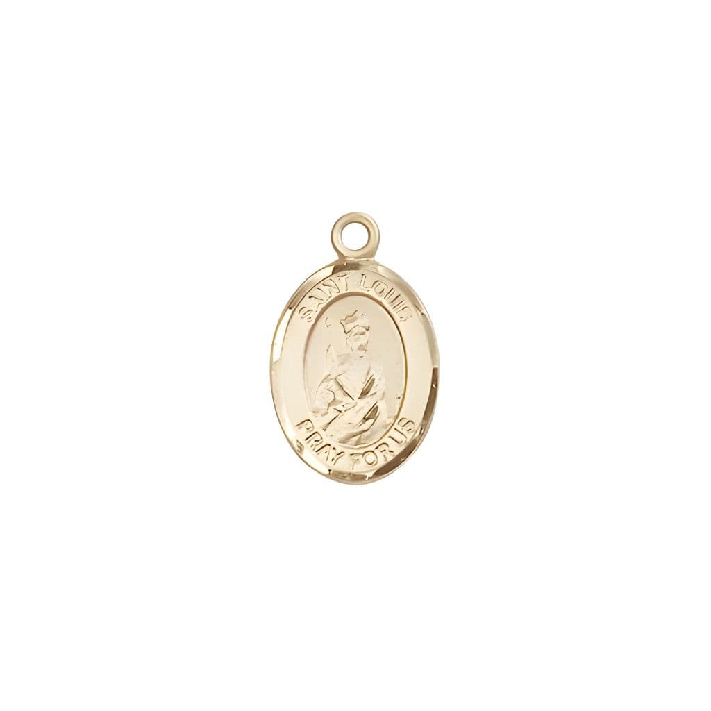 Bliss St. Louis IX of France 14kt Gold Oval Small Children Medal, Measures 1/2-inch tall by 1/4-inch wide.