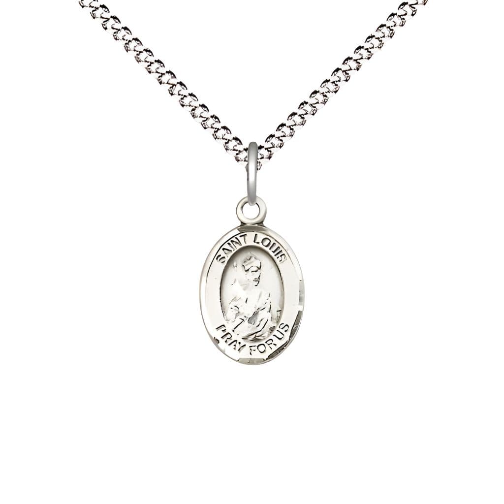Bliss St. Louis IX of France Engravable Small Children Pewter Medal with Rhodium-plated Chain, Measures 1/2-inch tall by 1/4-inch wide.