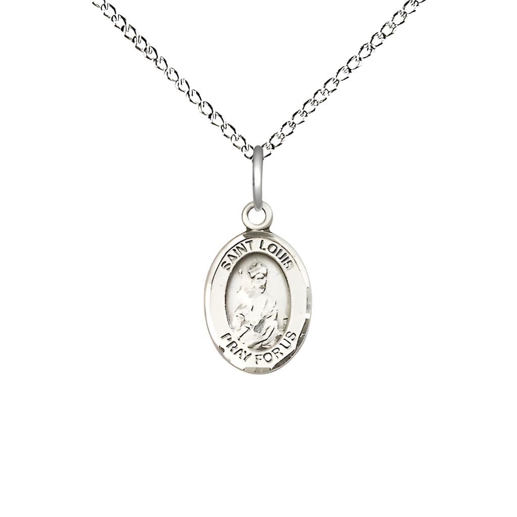 Bliss St. Louis IX of France Engravable Small Children Sterling Silver Medal with Sterling Chain, Measures 1/2-inch tall by 1/4-inch wide.