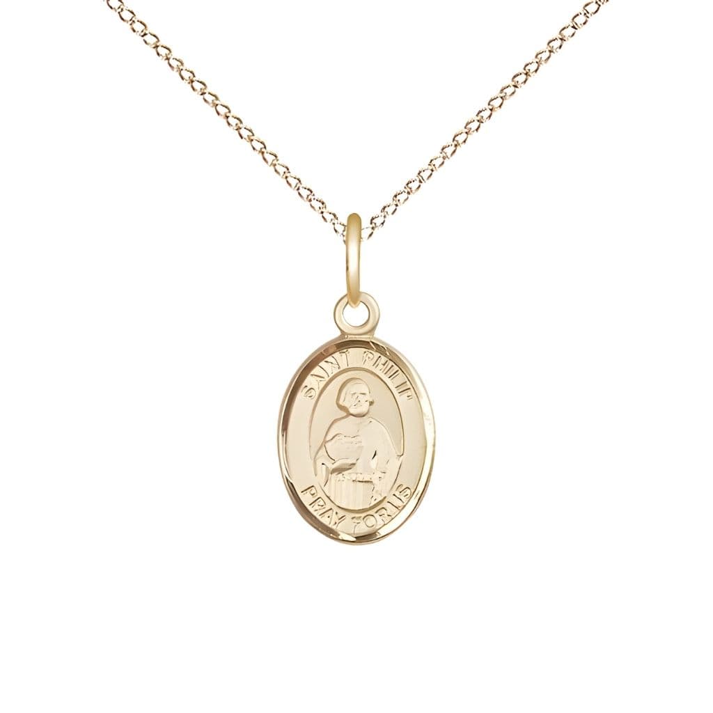 Bliss St. Philip the Apostle 14kt Gold-filled Oval Small Children Medal with Gold-filled Chain, Measures 1/2-inch tall by 1/4-inch wide. Deluxe Gift Box.