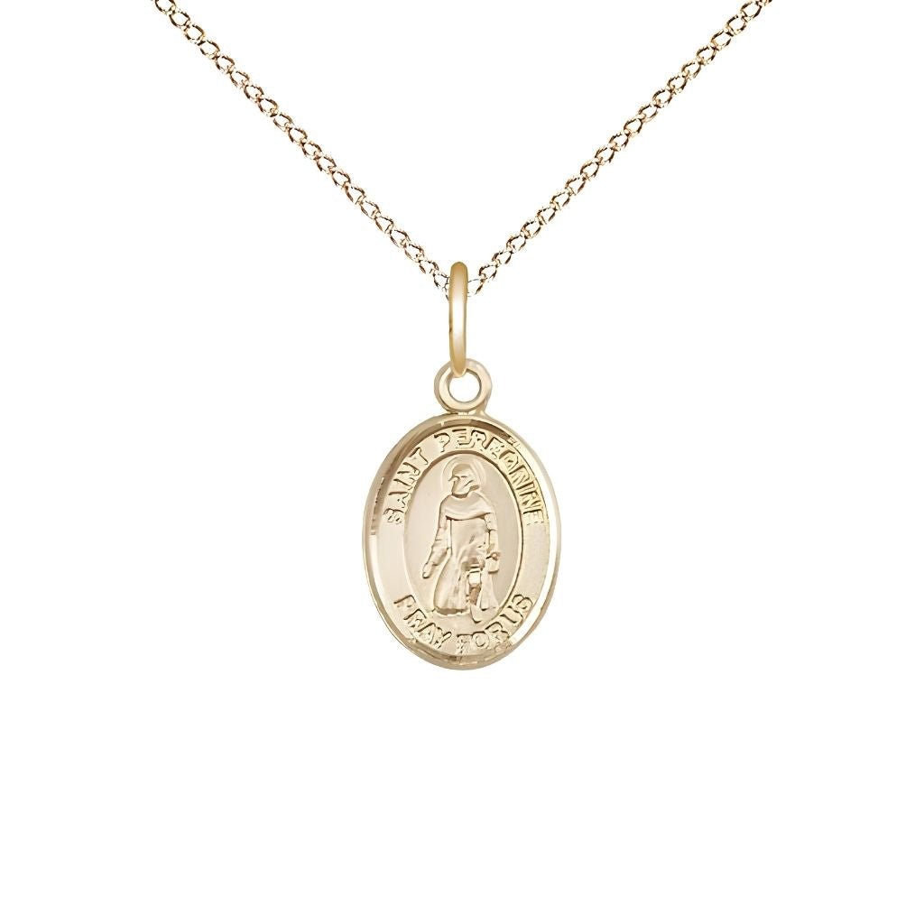 Bliss St. Peregrine Laziosi 14kt Gold-filled Oval Small Children Medal with Gold-filled Chain, Measures 1/2-inch tall by 1/4-inch wide. Deluxe Gift Box.