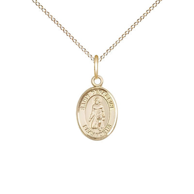 St. Peregrine Laziosi 14kt Gold-filled Oval Small Children Medal with Gold-filled Chain, Measures 1/2-inch tall by 1/4-inch wide. Deluxe Gift Box, Bliss Manufacturing