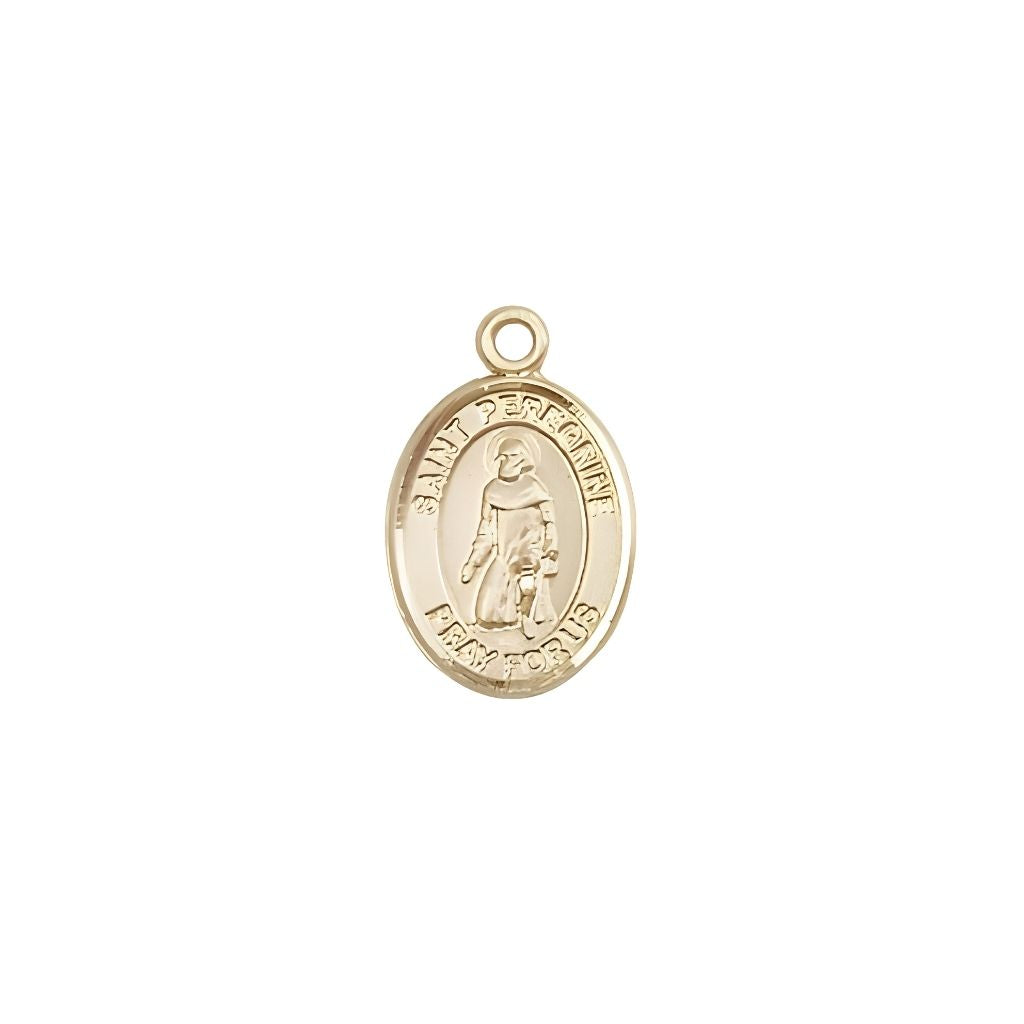 Bliss St. Peregrine Laziosi 14kt Gold Oval Small Children Medal, Measures 1/2-inch tall by 1/4-inch wide. Deluxe Gift Box.