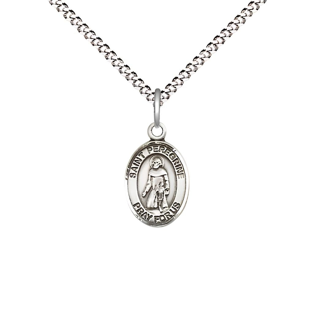 Bliss St. Peregrine Laziosi Engravable Small Children Pewter Medal with Rhodium-plated Chain, Measures 1/2-inch tall by 1/4-inch wide. Deluxe Gift Box.