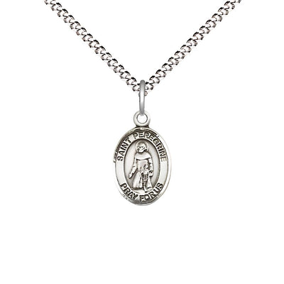 St. Peregrine Laziosi Engravable Small Children Pewter Medal with Rhodium-plated Chain, Measures 1/2-inch tall by 1/4-inch wide. Deluxe Gift Box, Bliss Manufacturing