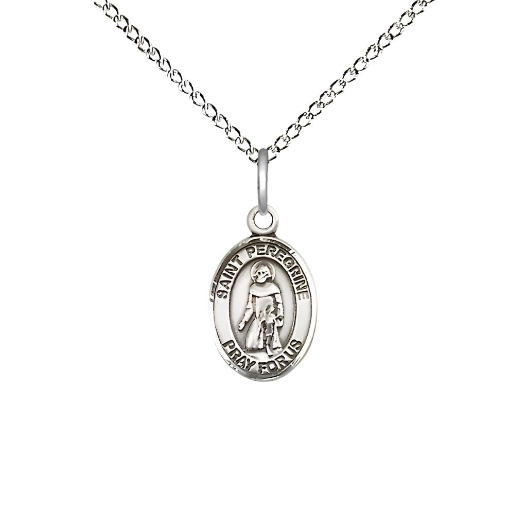 Bliss St. Peregrine Laziosi Engravable Small Children Sterling Silver Medal with Sterling Chain, Measures 1/2-inch tall by 1/4-inch wide. Deluxe Gift Box.