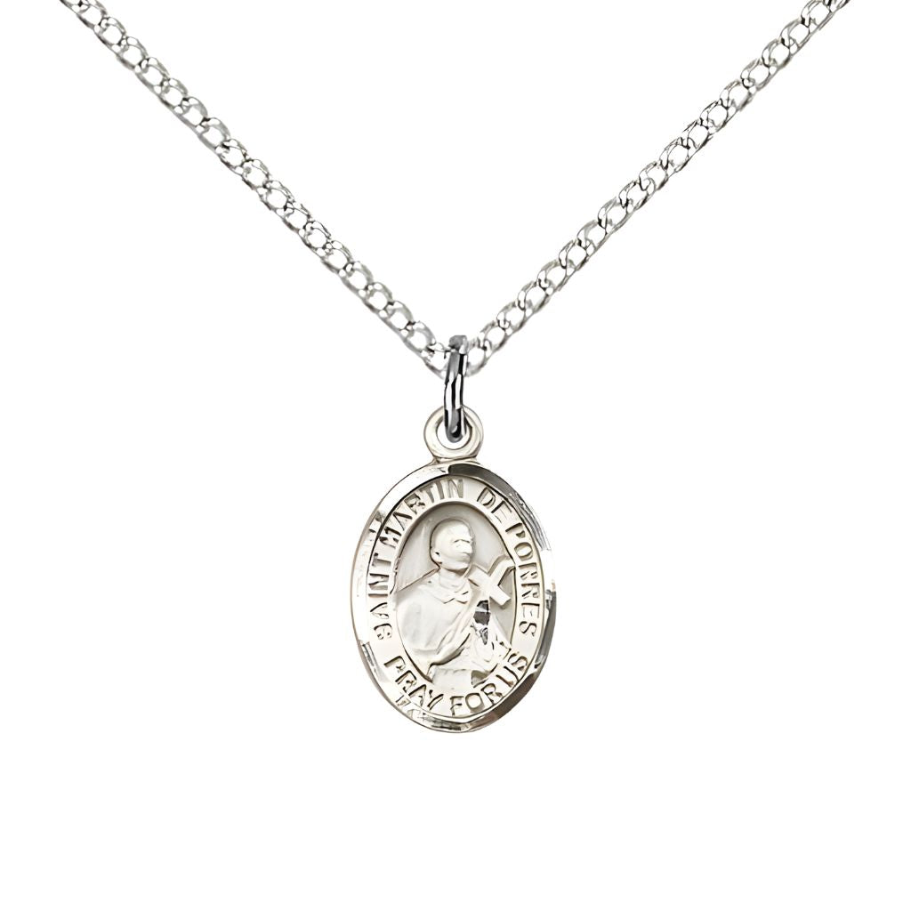 Saint Martin de Porres Small Children Sterling Silver Medal with Sterling Silver Curb Chain in Deluxe Gift Box | Bliss Manufacturing