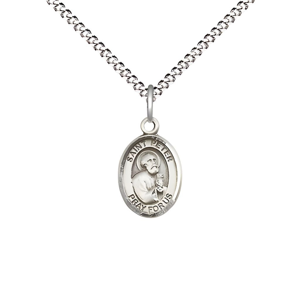 Bliss St. Peter the Apostle Engravable Small Children Pewter Medal with Rhodium-plated Chain, Measures 1/2-inch tall by 1/4-inch wide.