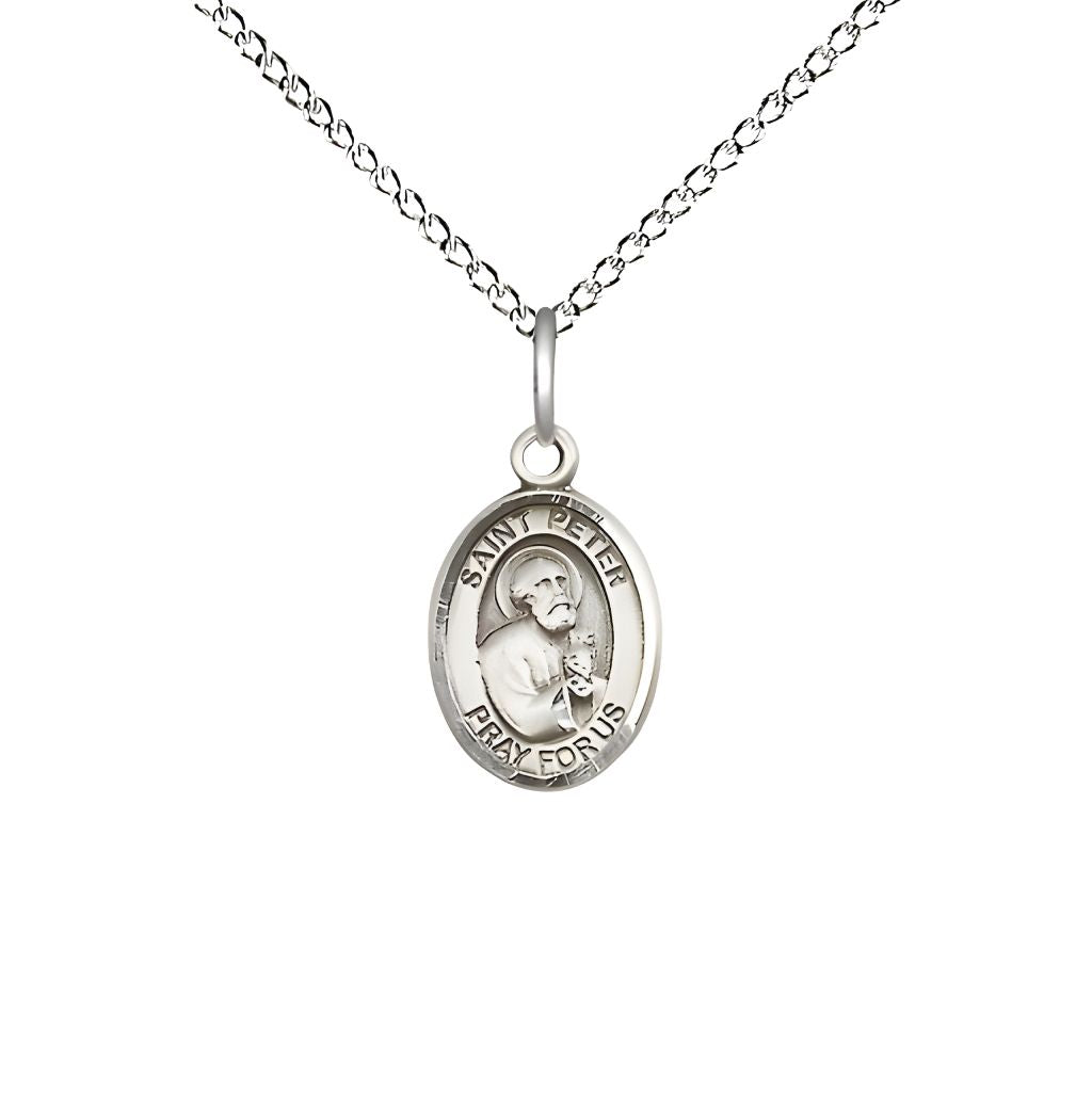 Bliss St. Peter the Apostle Engravable Small Children Sterling Silver Medal with Sterling Chain, Measures 1/2-inch tall by 1/4-inch wide.