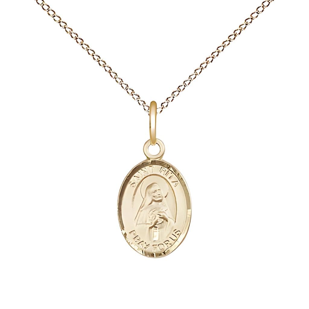 Bliss St. Rita of Cascia Engravable 14kt Gold-filled Small Medal with Gold-filled Chain, Measures 1/2-inch tall by 1/4-inch wide
