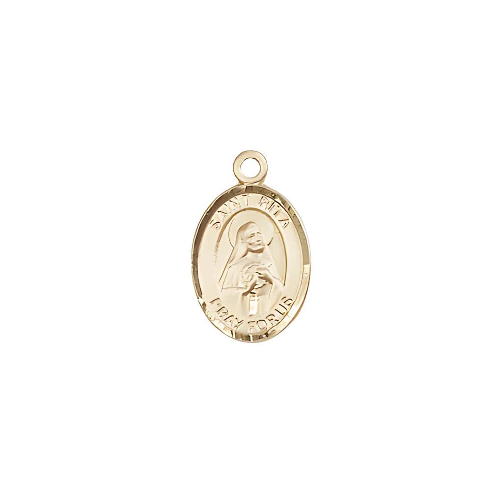 St. Rita of Cascia 14kt Gold Oval Small Medal, Measures 1/2-inch tall by 1/4-inch wide,