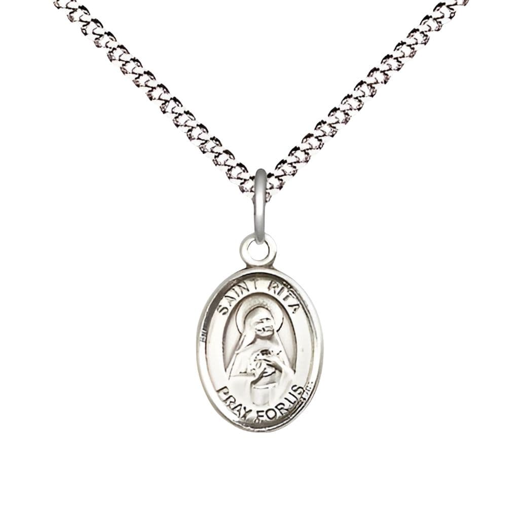 St. Rita of Cascia Plated Oval Small Medal with Plated Chain, Measures 1/2-inch tall by 1/4-inch wide,