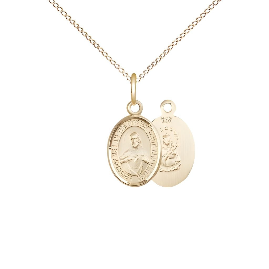 Bliss Sacred Heart of Jesus Scapular 14kt Gold-filled Oval Small Children Medal with Gold-filled Chain, Measures 1/2-inch tall by 1/4-inch wide. Deluxe Gift Box.