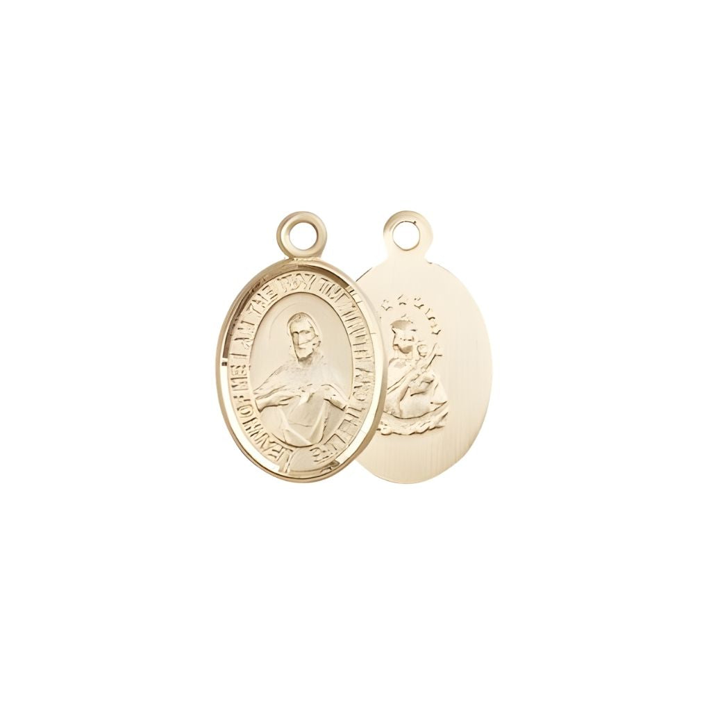 Bliss Sacred Heart of Jesus Scapular 14kt Gold Oval Small Children Medal, Measures 1/2-inch tall by 1/4-inch wide. Deluxe Gift Box.