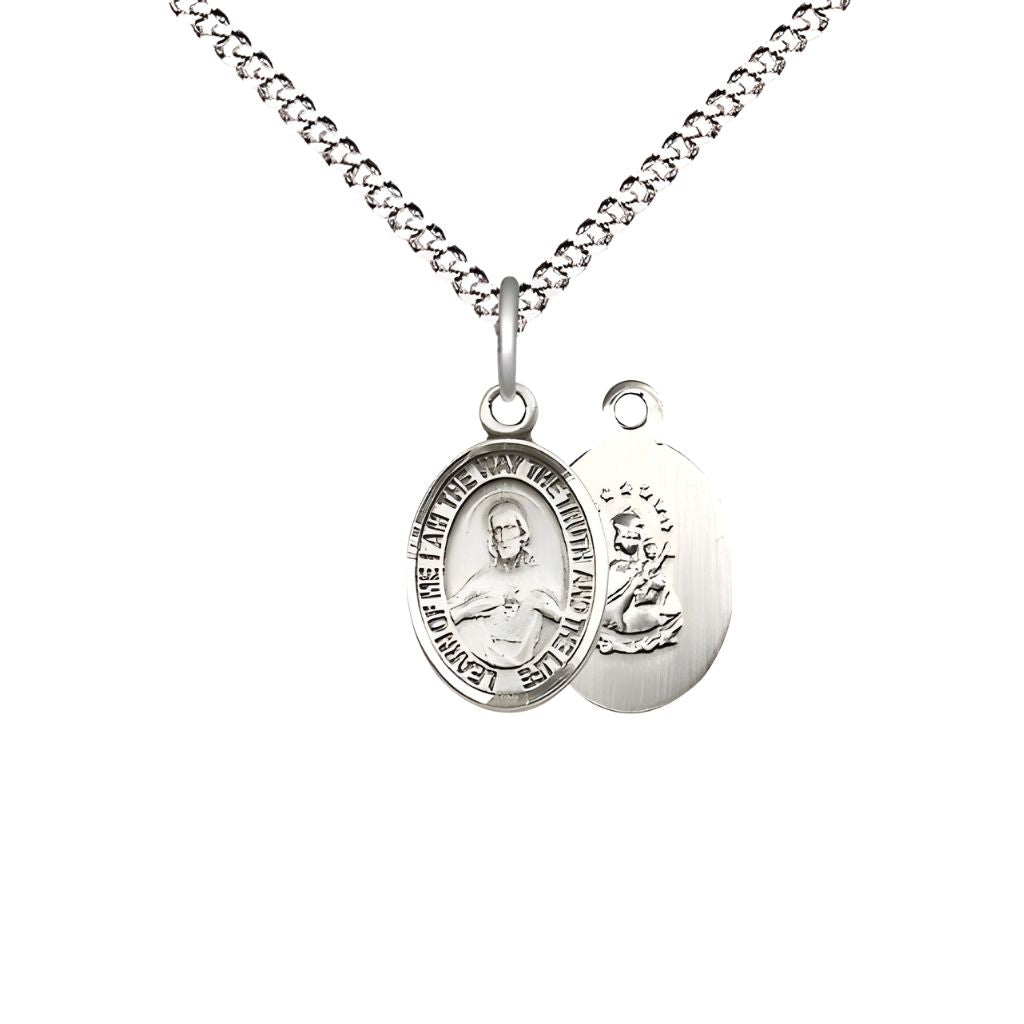 Bliss Sacred Heart of Jesus Scapular Small Children Pewter Medal with Rhodium-plated Chain, Measures 1/2-inch tall by 1/4-inch wide. Deluxe Gift Box.
