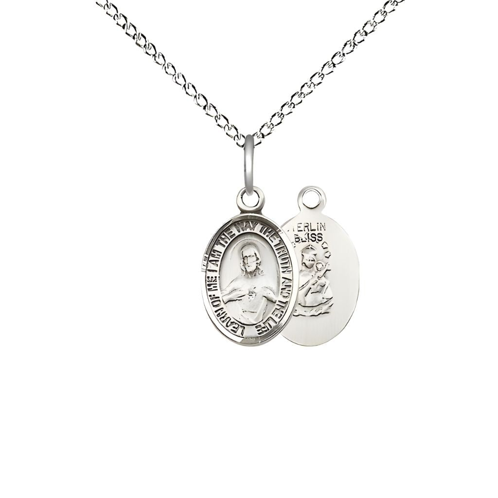 Bliss Sacred Heart of Jesus Scapular Small Children Sterling Silver Medal with Sterling Chain, Measures 1/2-inch tall by 1/4-inch wide. Deluxe Gift Box.