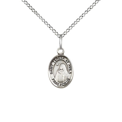 St. Teresa of Avila Sterling Silver Oval Children Size Medal with Engraving and Chain Options, Bliss Manufacturing
