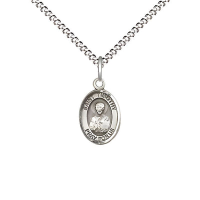 St. Timothy Engravable Small Children Pewter Medal with Rhodium-plated Chain, Measures 1/2-inch tall by 1/4-inch wide, Bliss Manufacturing