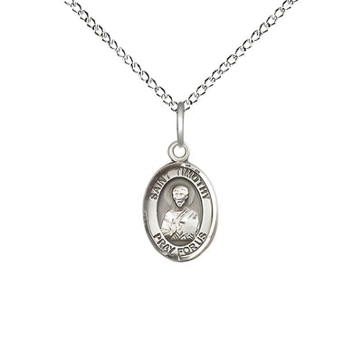 St. Timothy Engravable Small Children Sterling Silver Medal with Sterling Chain, Measures 1/2-inch tall by 1/4-inch wide, Bliss Manufacturing