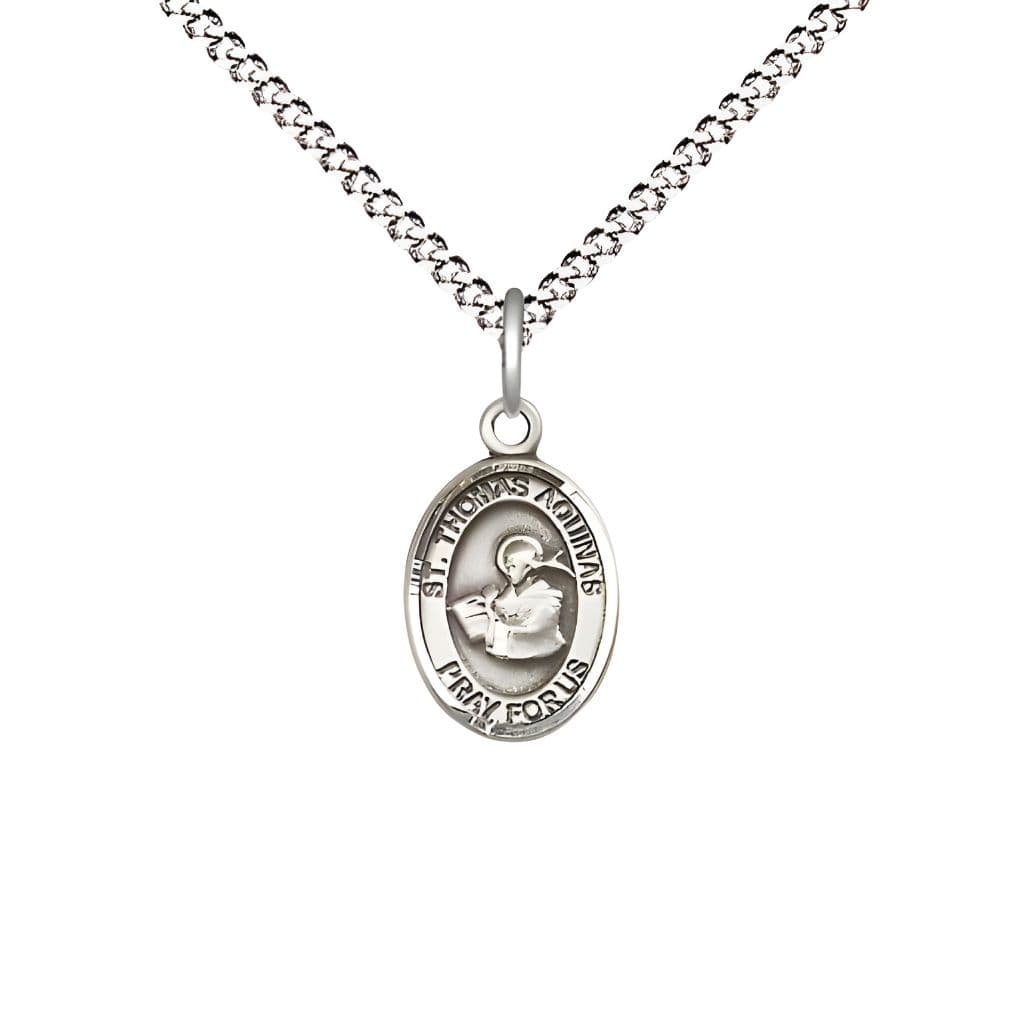 Bliss St. Thomas Aquinas Engravable Small Children Pewter Medal with Rhodium-plated Chain, Measures 1/2-inch tall by 1/4-inch wide.