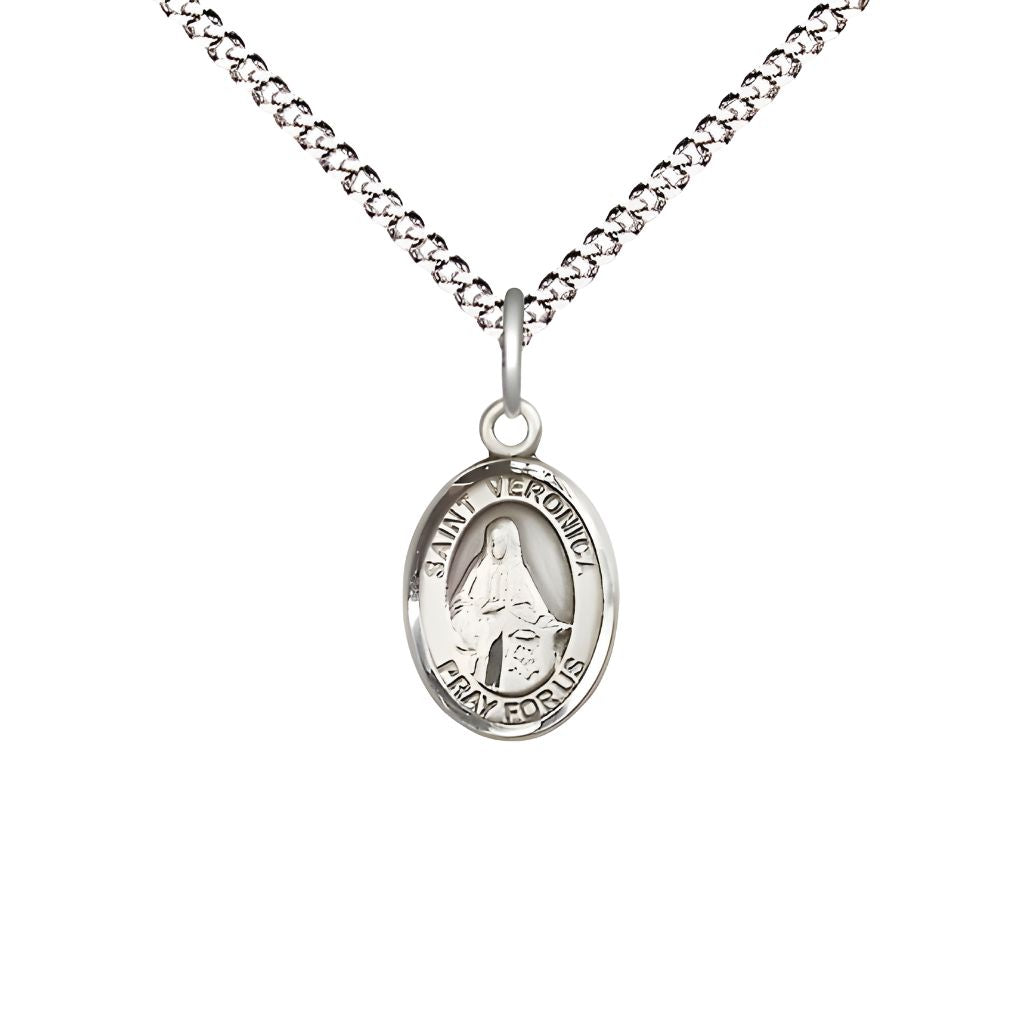 Bliss St. Veronica Engravable Small Children Pewter Medal with Rhodium-plated Chain, Measures 1/2-inch tall by 1/4-inch wide.