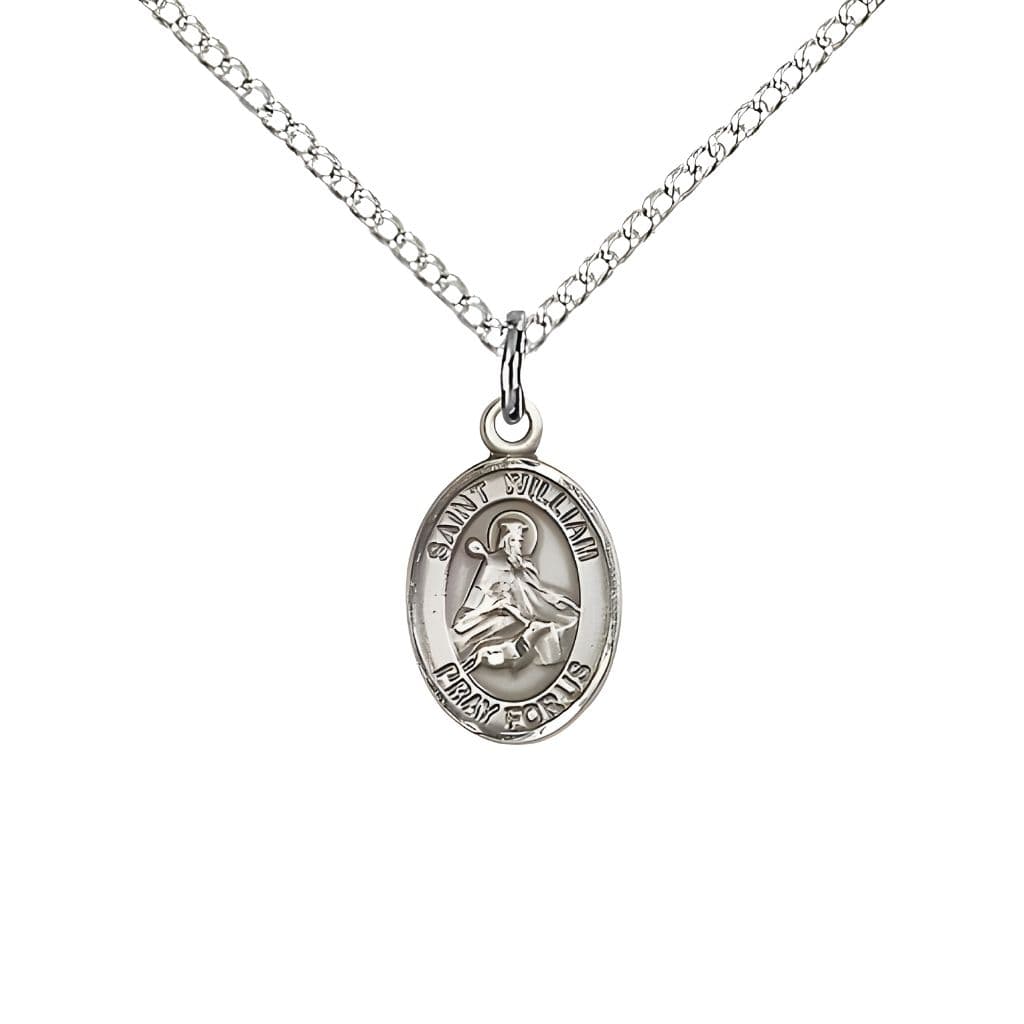 Bliss St. William of Rochester Engravable Small Children Sterling Silver Medal with Sterling Chain, Measures 1/2-inch tall by 1/4-inch wide.