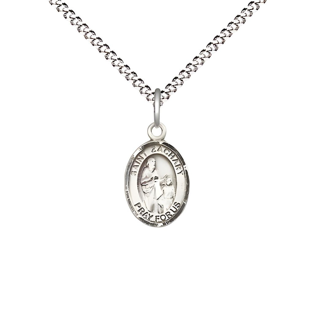 St. Zachary Engravable Small Pewter Medal with Plated Chain from Bliss, Measures 1/2-inch tall by 1/4-inch wide.