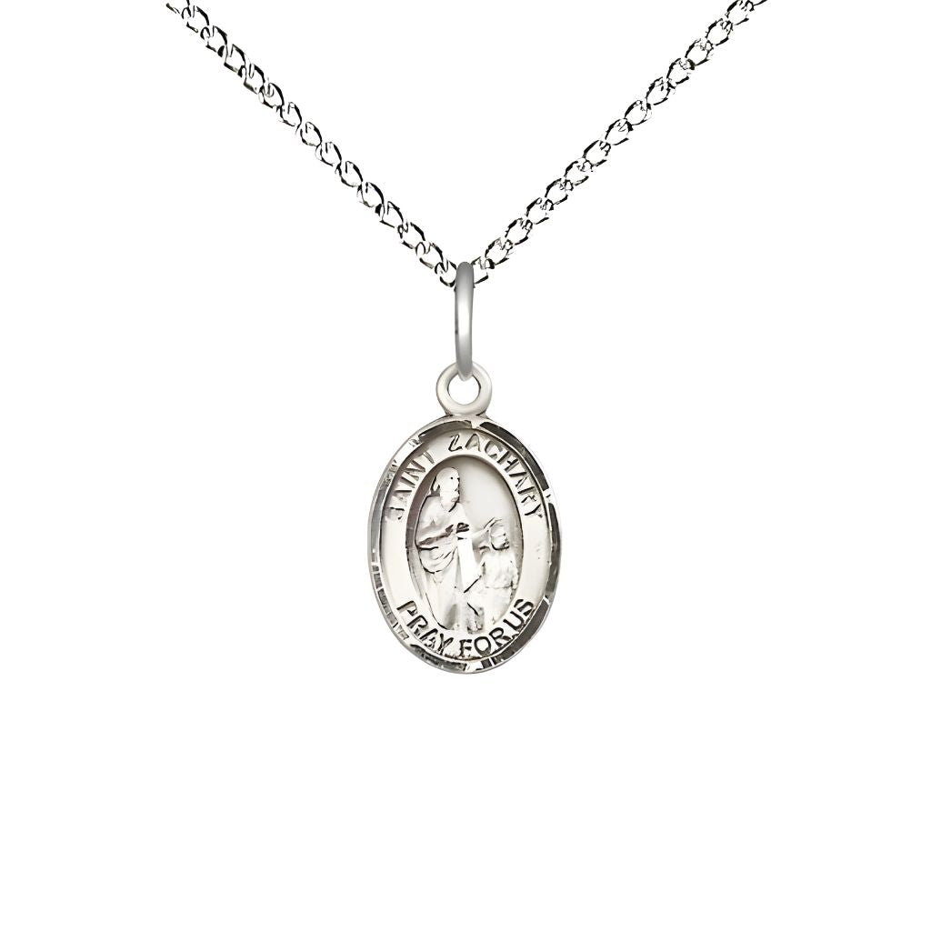 Bliss  St. Zachary Sterling Silver Oval Children Medal with Sterling Chain, Measures 1/2-inch tall by 1/4-inch wide.