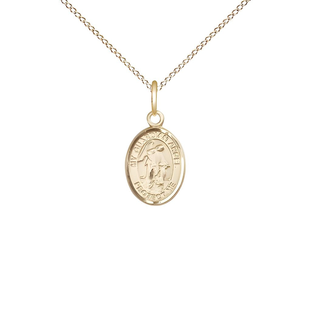 Bliss Guardian Angel with Child 14kt Gold Oval Small Children Medal with 14kt Gold Chain, Measures 1/2-inch tall by 1/4-inch wide. Deluxe Gift Box.