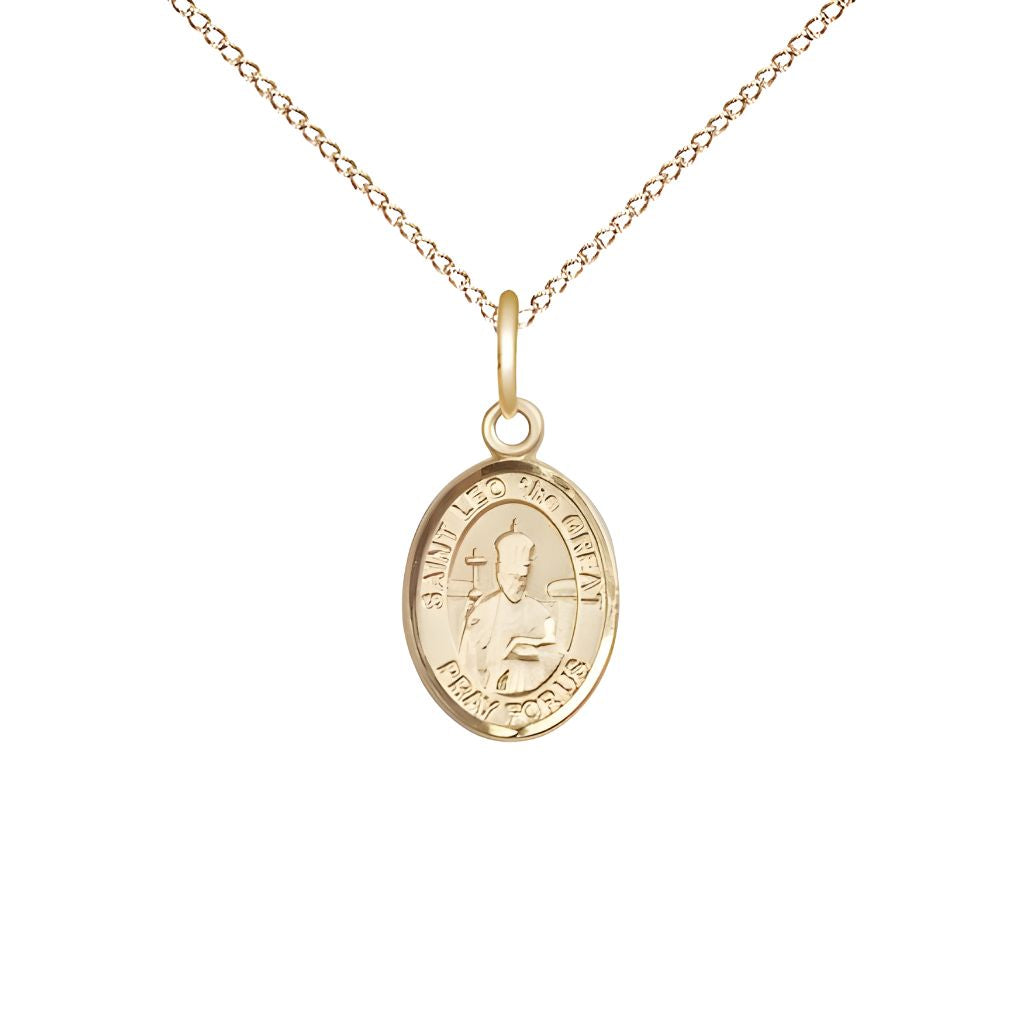 Bliss St. Leo the Great 14kt Gold-filled Oval Small Children Medal with Gold-filled Chain, Measures 1/2-inch tall by 1/4-inch wide.