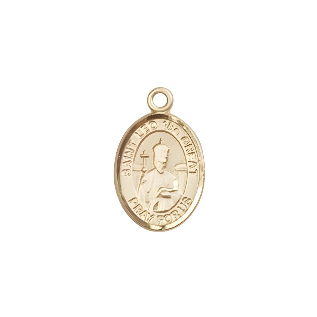 Bliss St. Leo the Great 14kt Gold Oval Small Children Medal, Measures 1/2-inch tall by 1/4-inch wide.
