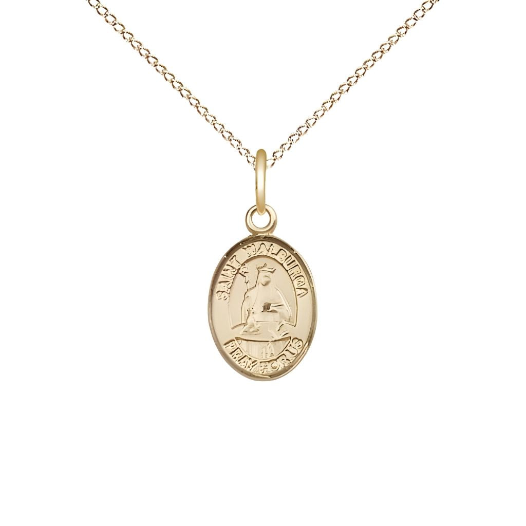 Bliss St. Walburga 14kt Gold-filled  Oval Small Children Medal with Gold-filled Chain, Measures 1/2-inch tall by 1/4-inch wide.