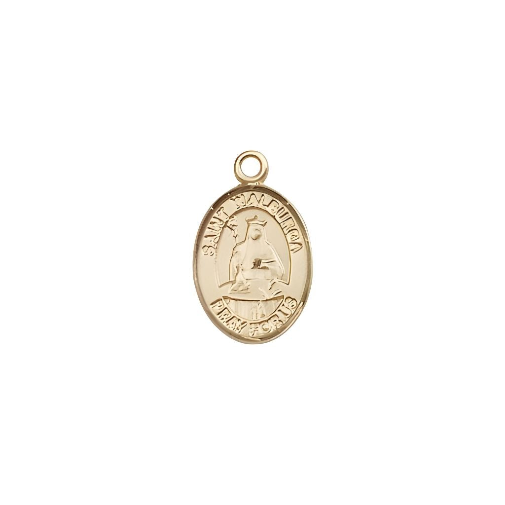 Bliss St. Walburga 14kt Gold Oval Small Children Medal, Measures 1/2-inch tall by 1/4-inch wide.