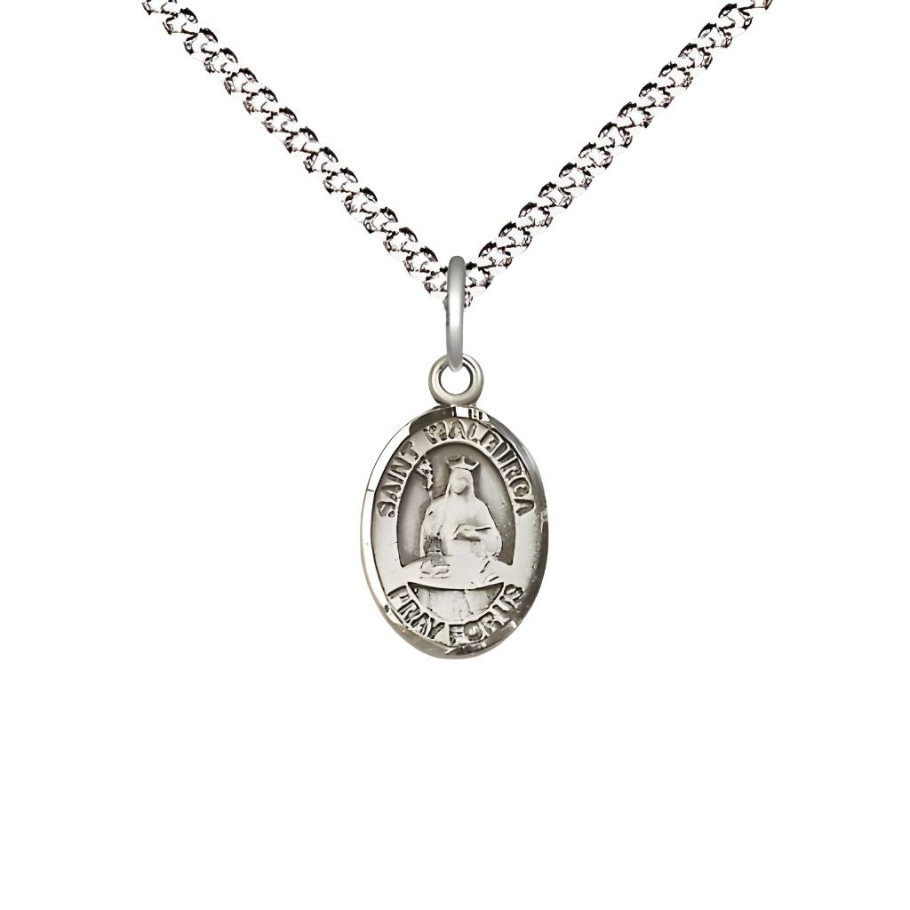 Bliss St. Walburga Engravable Small Pewter Medal with Rhodium-plated Chain, Measures 1/2-inch tall by 1/4-inch wide.
