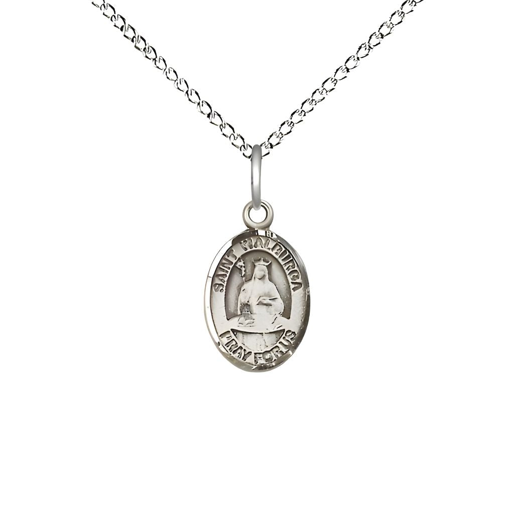 Bliss St. Walburga Engravable Small Children Sterling Silver Medal with Sterling Chain, Measures 1/2-inch tall by 1/4-inch wide.