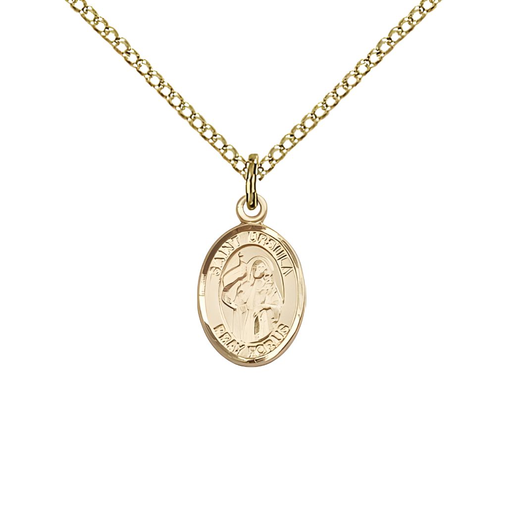 Bliss St. Ursula 14kt Gold-filled Oval Small Children Medal with Gold-filled Chain, Measures 1/2-inch tall by 1/4-inch wide.