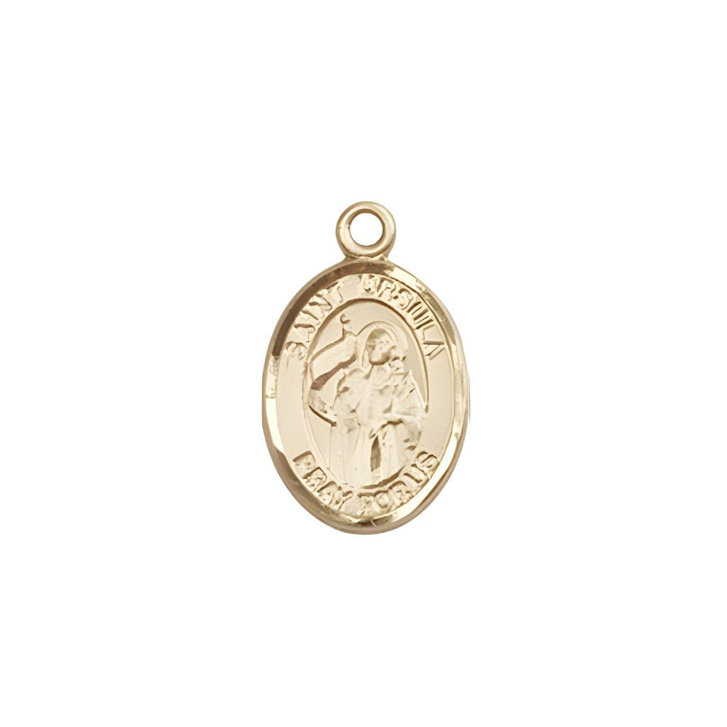 Bliss St. Ursula  14kt Gold Oval Small Children Medal, Measures 1/2-inch tall by 1/4-inch wide.