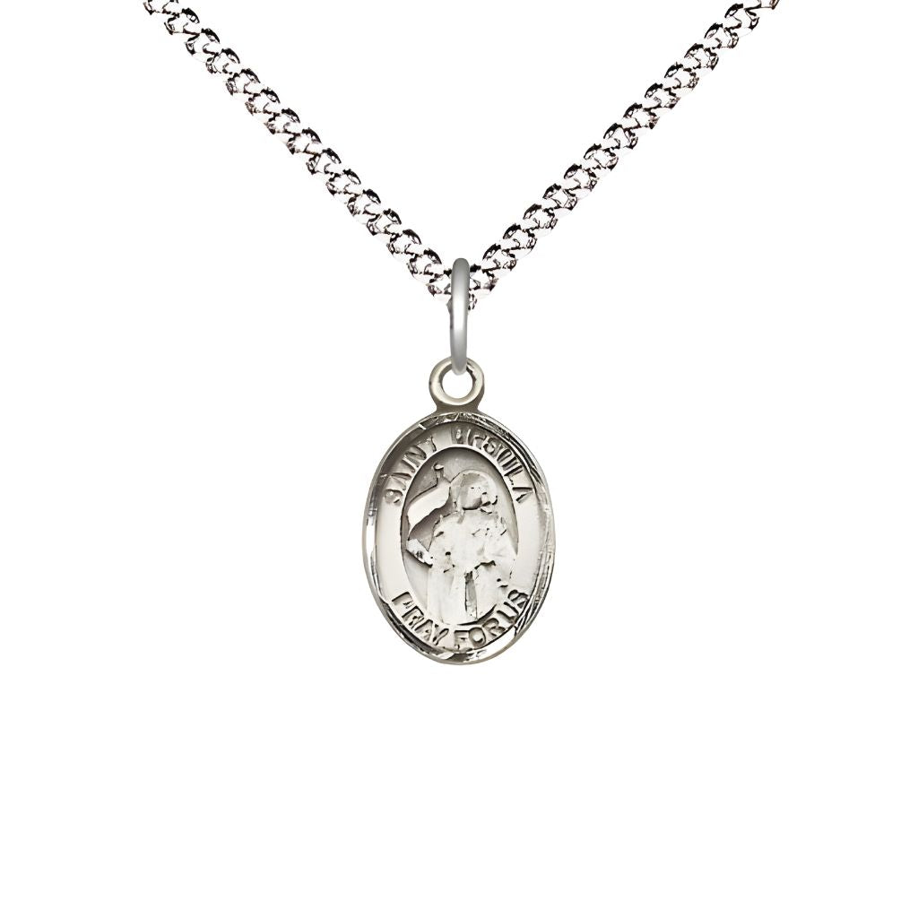 Bliss St. Ursula Engravable Small Children Pewter Medal with Rhodium-plated Chain, Measures 1/2-inch tall by 1/4-inch wide.