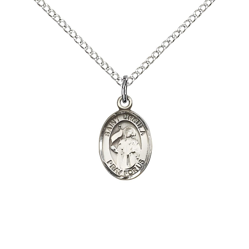 Bliss St. Ursula Engravable Small Children Sterling Silver Medal with Sterling Chain, Measures 1/2-inch tall by 1/4-inch wide.