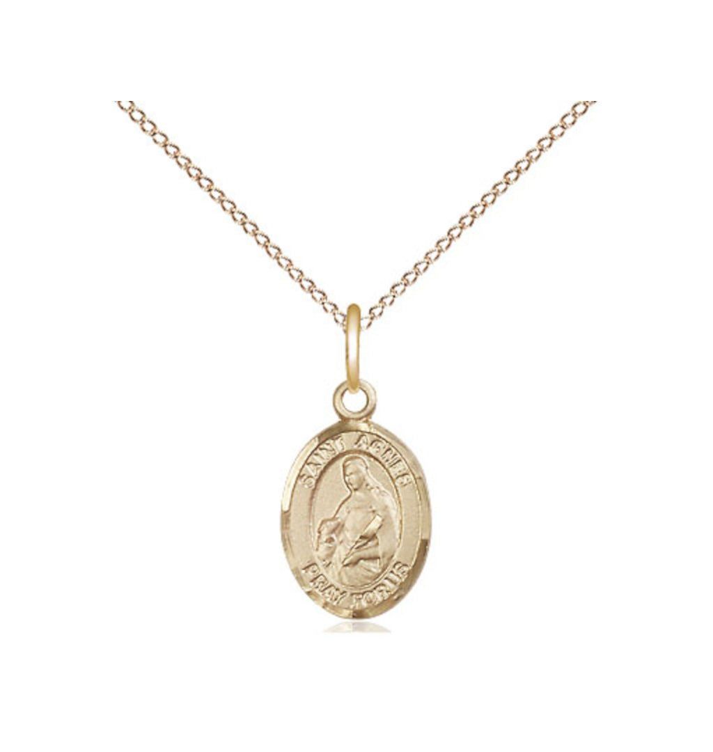 Small Engravable St Agnes of Rome 14kt Gold Medal w/14kt Gold Chain,