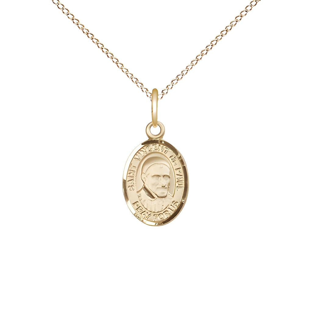 Bliss St. Vincent de Paul 14kt Gold-filled Oval Small Children Medal with Gold-filled Chain, Measures 1/2-inch tall by 1/4-inch wide.