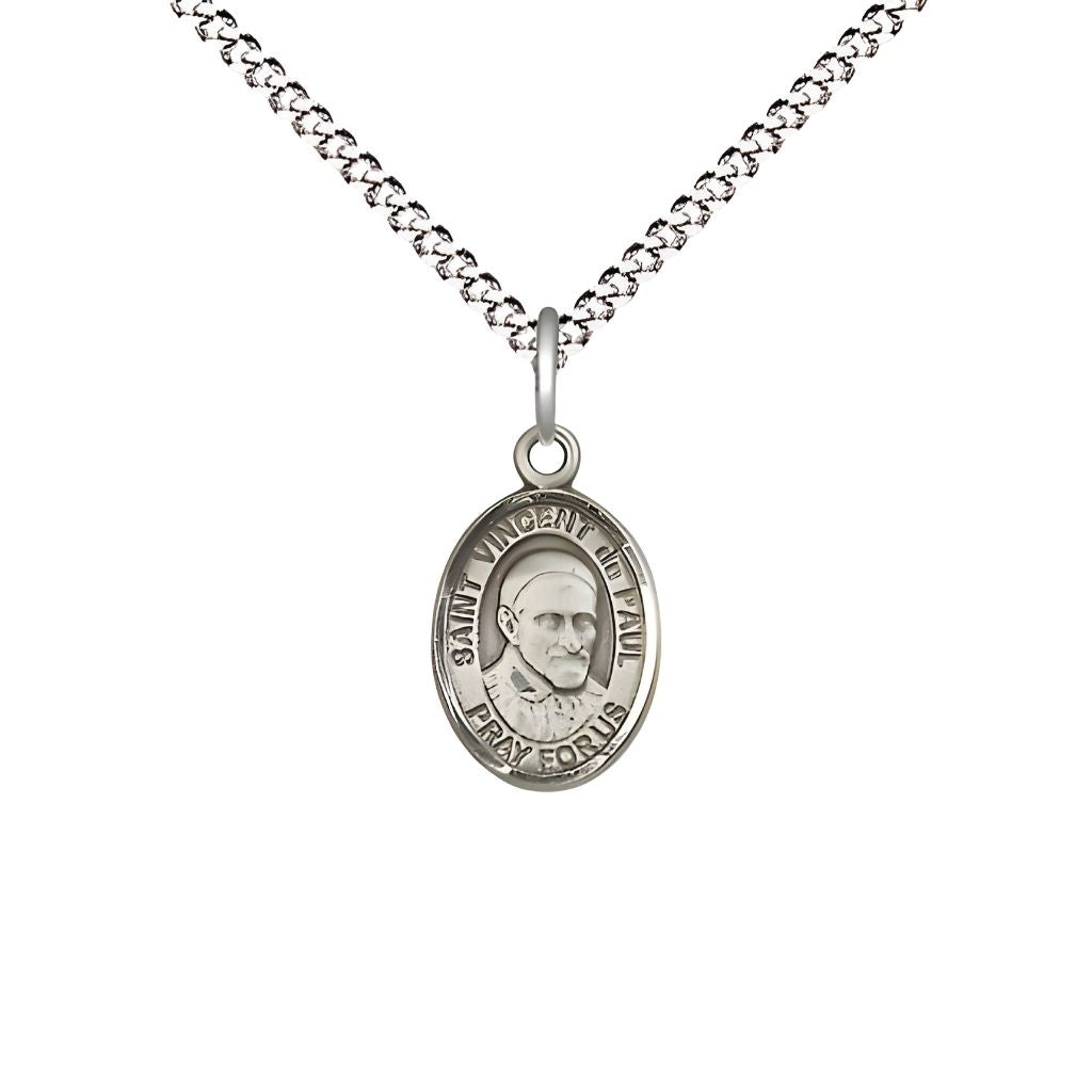 Bliss St. Vincent de Paul Engravable Small Children Pewter Medal with Rhodium-plated Chain, Measures 1/2-inch tall by 1/4-inch wide.