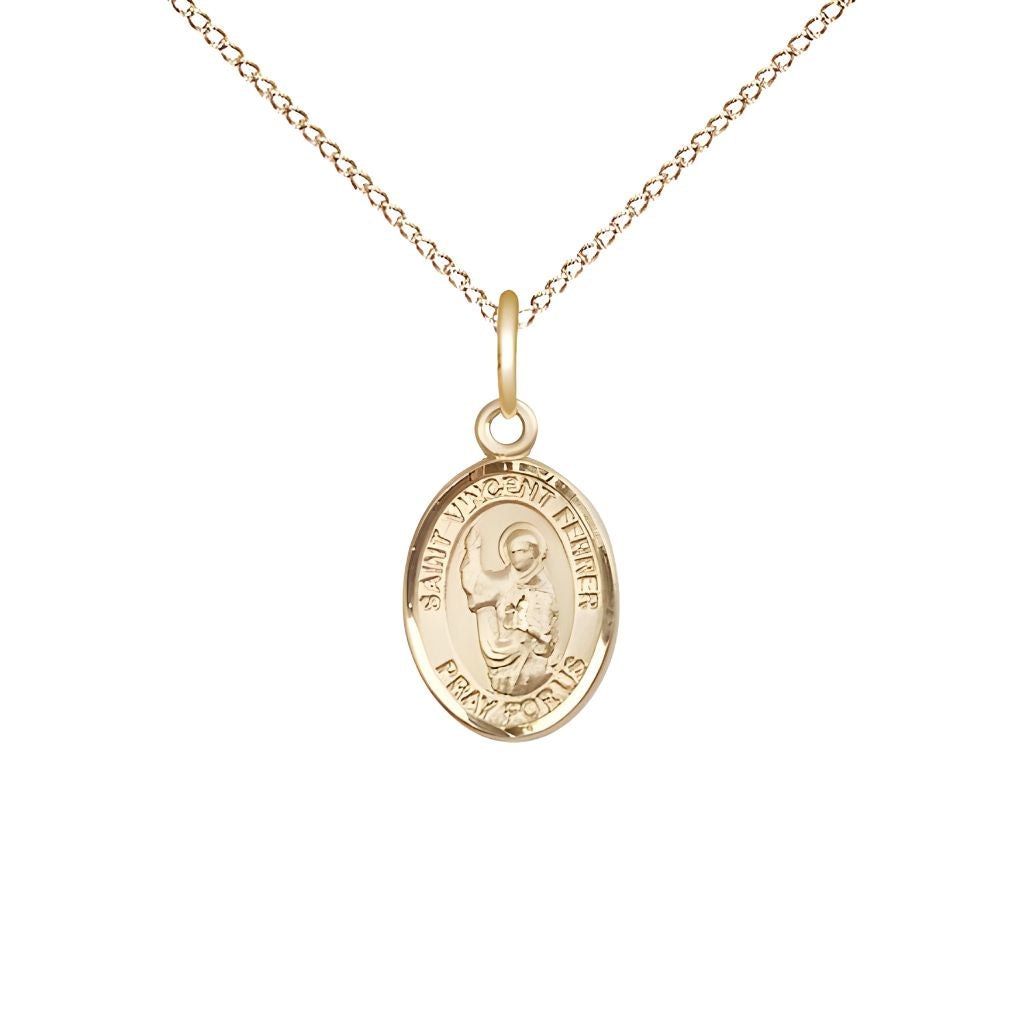 Bliss St. Vincent Ferrer 14kt Gold-filled Oval Small Children Medal with Gold-filled Chain, Measures 1/2-inch tall by 1/4-inch wide.
