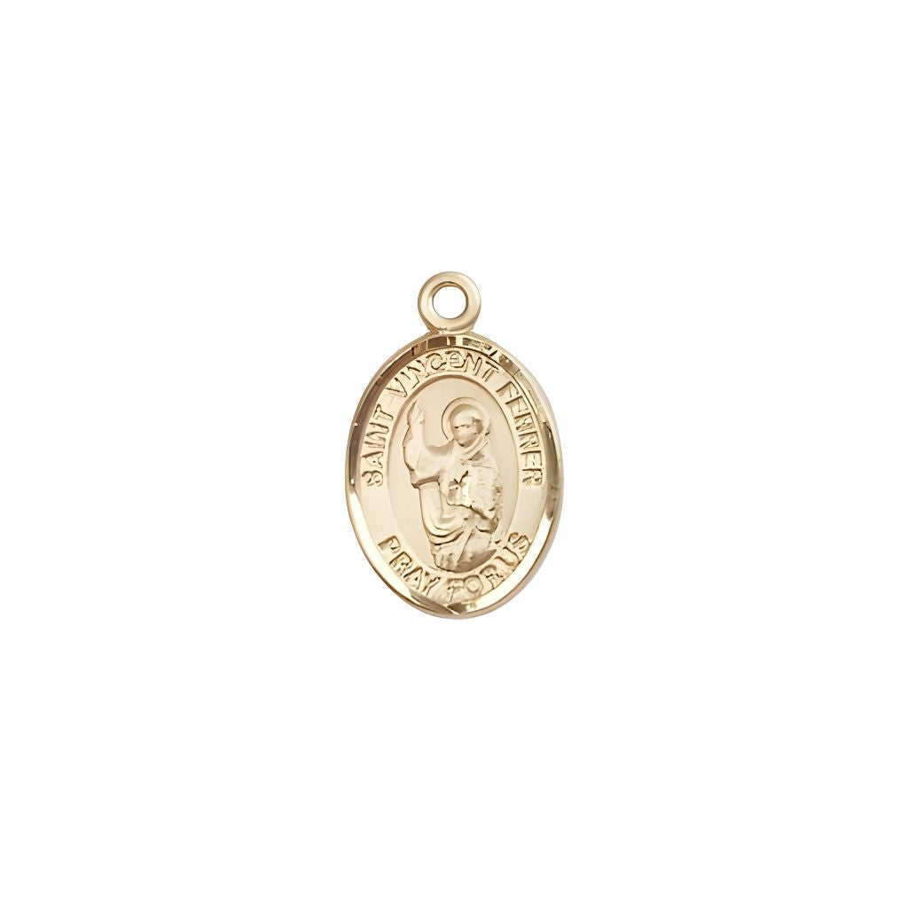 Bliss St. Vincent Ferrer 14kt Gold Oval Small Children Medal, Measures 1/2-inch tall by 1/4-inch wide.